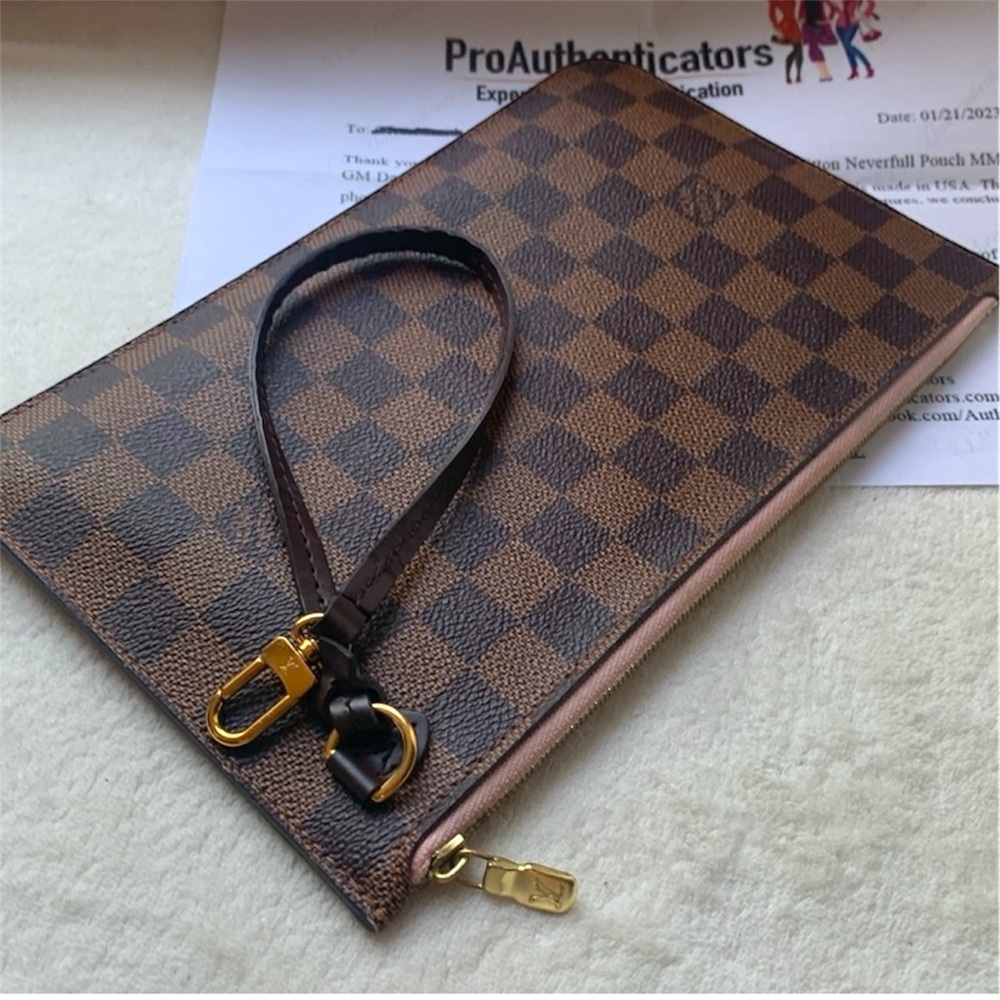 Authentic EUC LV Neverfull Pouch MM/GM Damier Ebene Rose Ballerine w/ TWO COAs!
